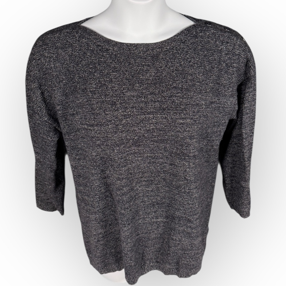 Talbots Marled Charcoal Gray Crew Neck Sweater Wool Blend‎ Shoulder Buttons